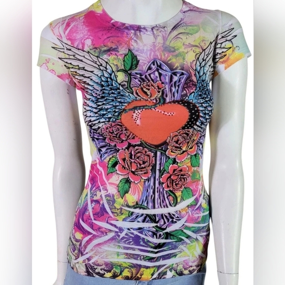 Rose Wing Fleur Scroll Rhinestone Embellished Cap Sleeve Tee T-Shirt - Picture 1 of 8